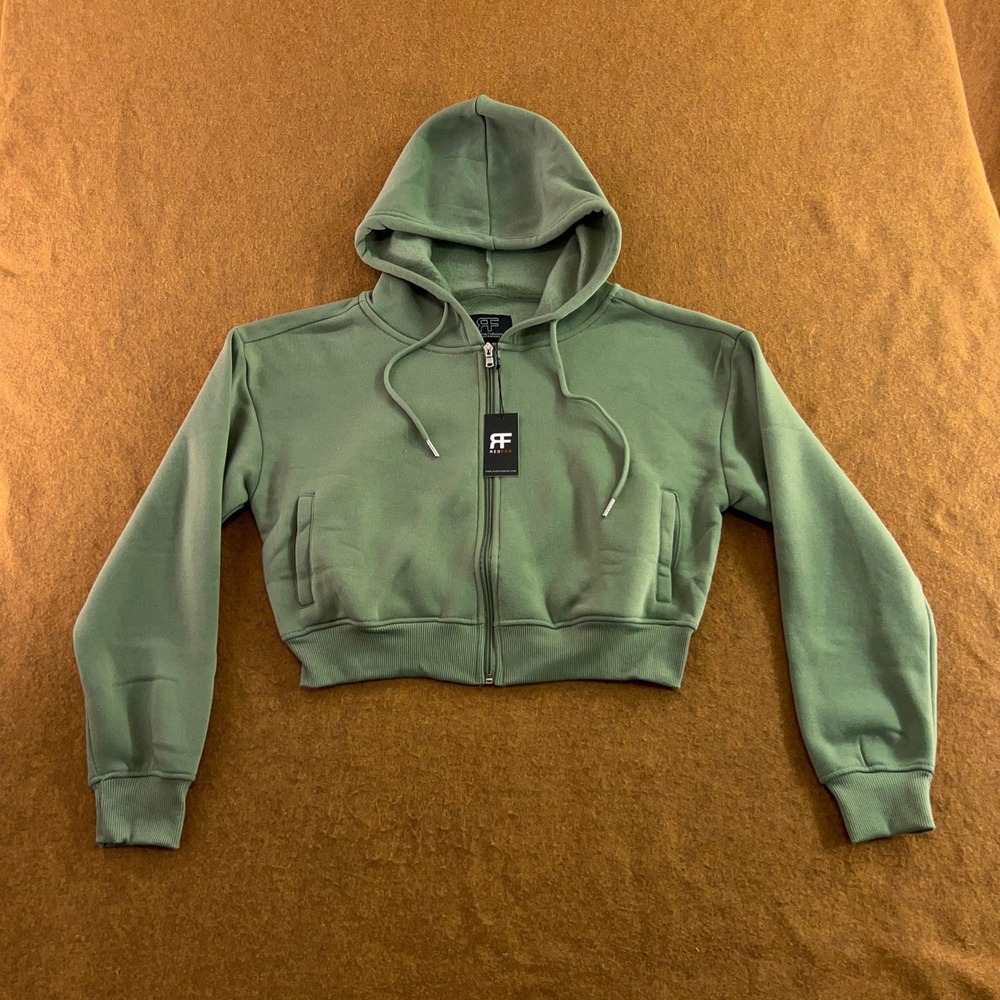 Red Fox Womens Medium Sage Green Cropped Full Zip Fleece Hoodie NWT
